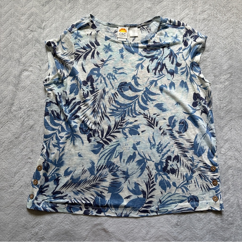 C&C California 100%‎ Linen Floral Top Blue/White Size M - Picture 2 of 6
